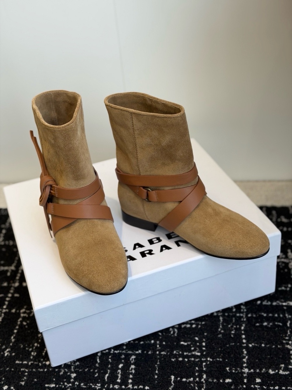 Isabel Marant Tan Suede Ankle Boots with Leather Wrap Straps